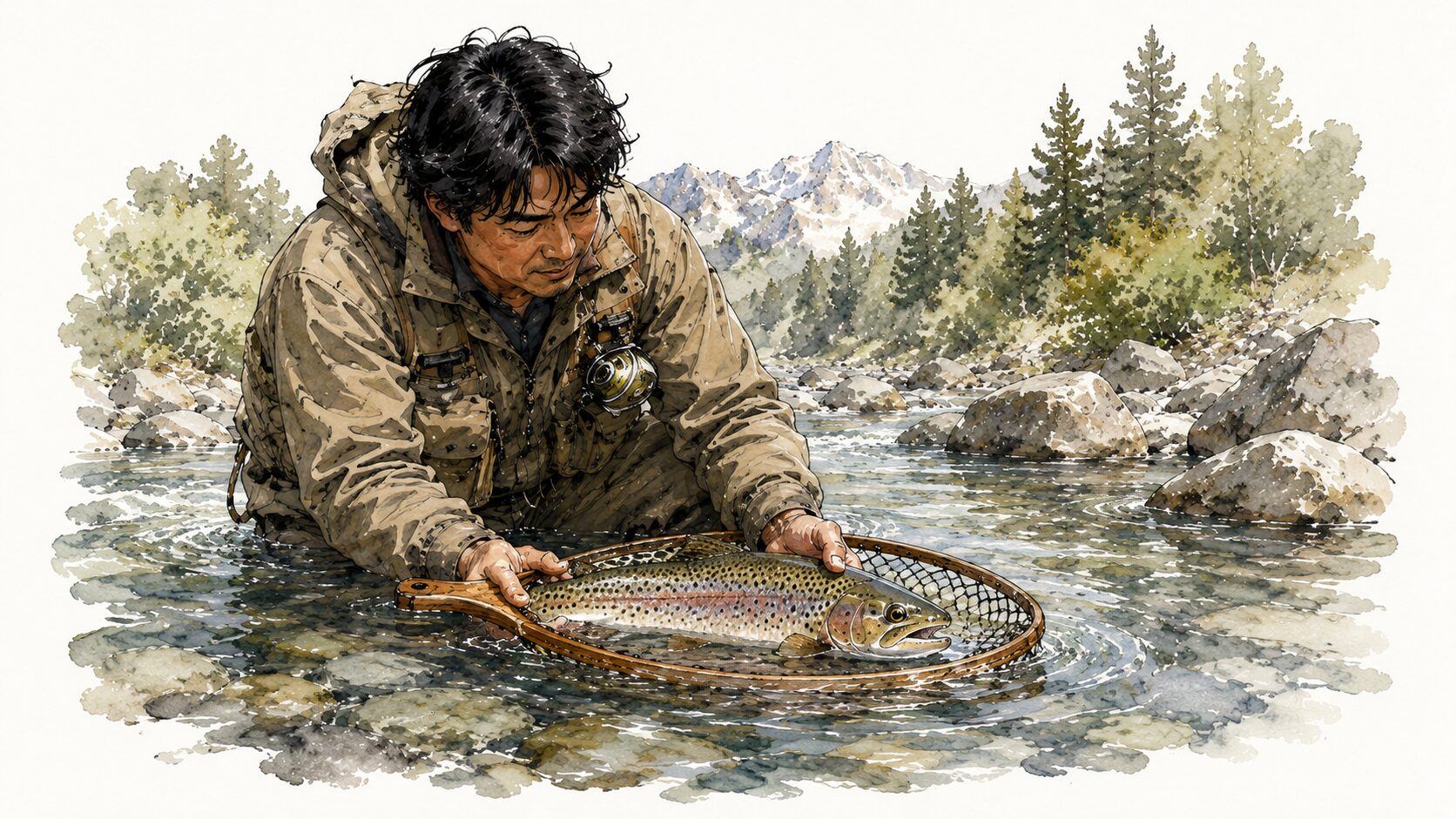 安心できるタックル設定で釣り上げた、美しい渓流魚を優しく手に乗せている様子