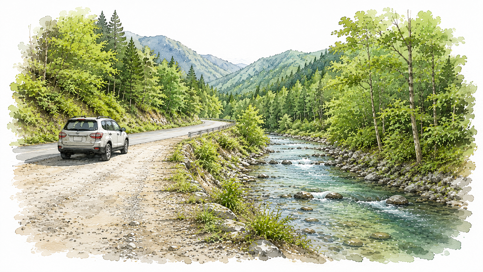山道の広い路肩に安全に駐車されている車のイラスト