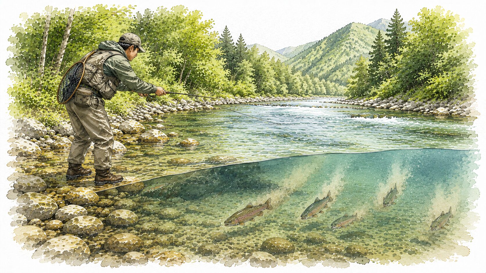 水面にアングラーの影が落ちて魚が逃げてしまう図解