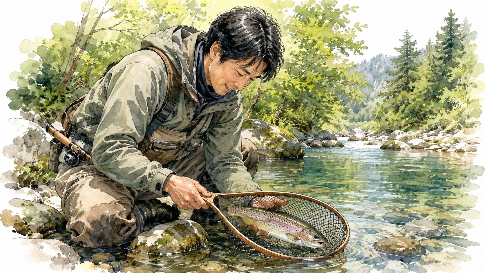 すべてのトラブルを克服し、新緑の渓流の中で美しいヤマメをネットに収めて微笑むアングラー