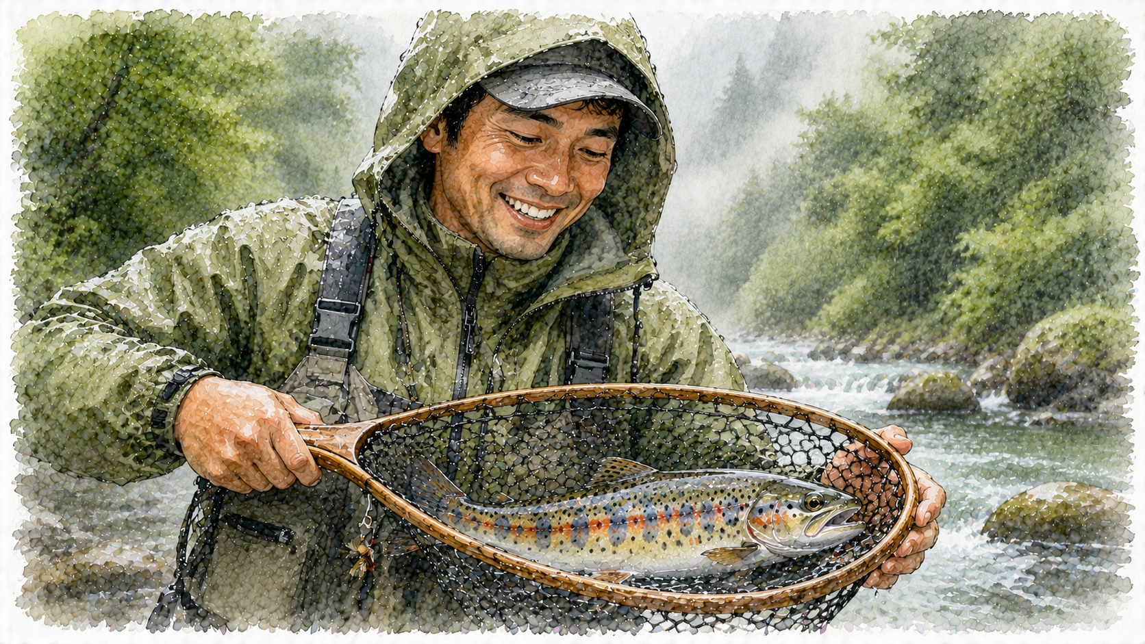 雨の中、美しい魚をキャッチして満足げなアングラー