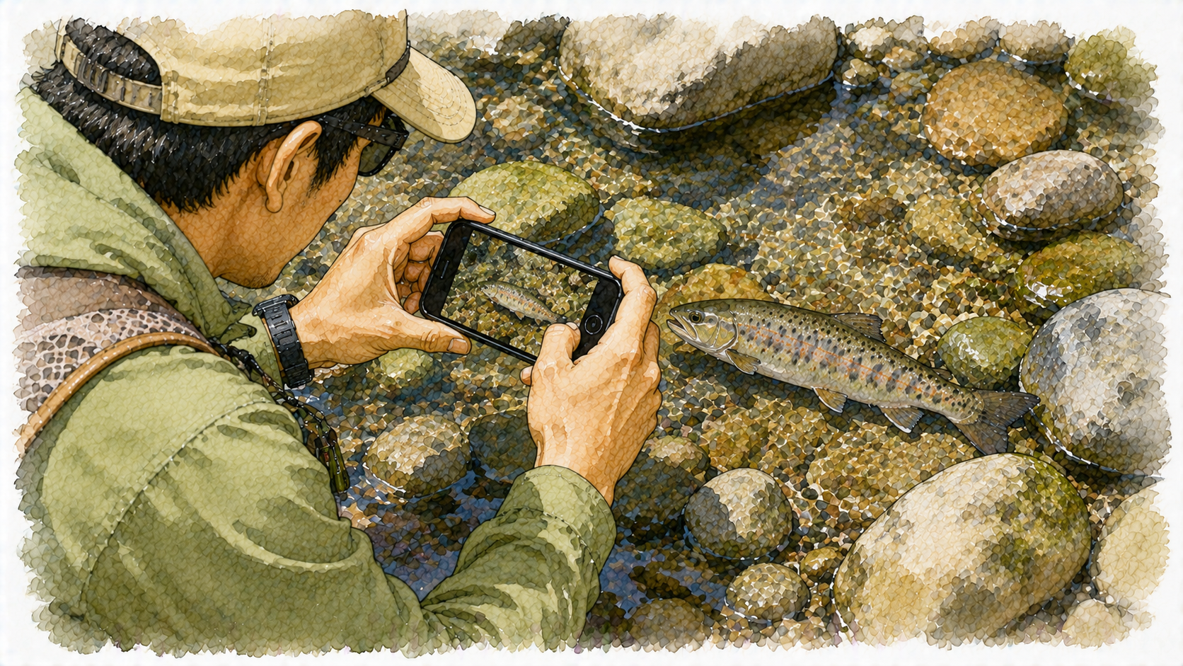 水辺で美しく魚を撮影する様子