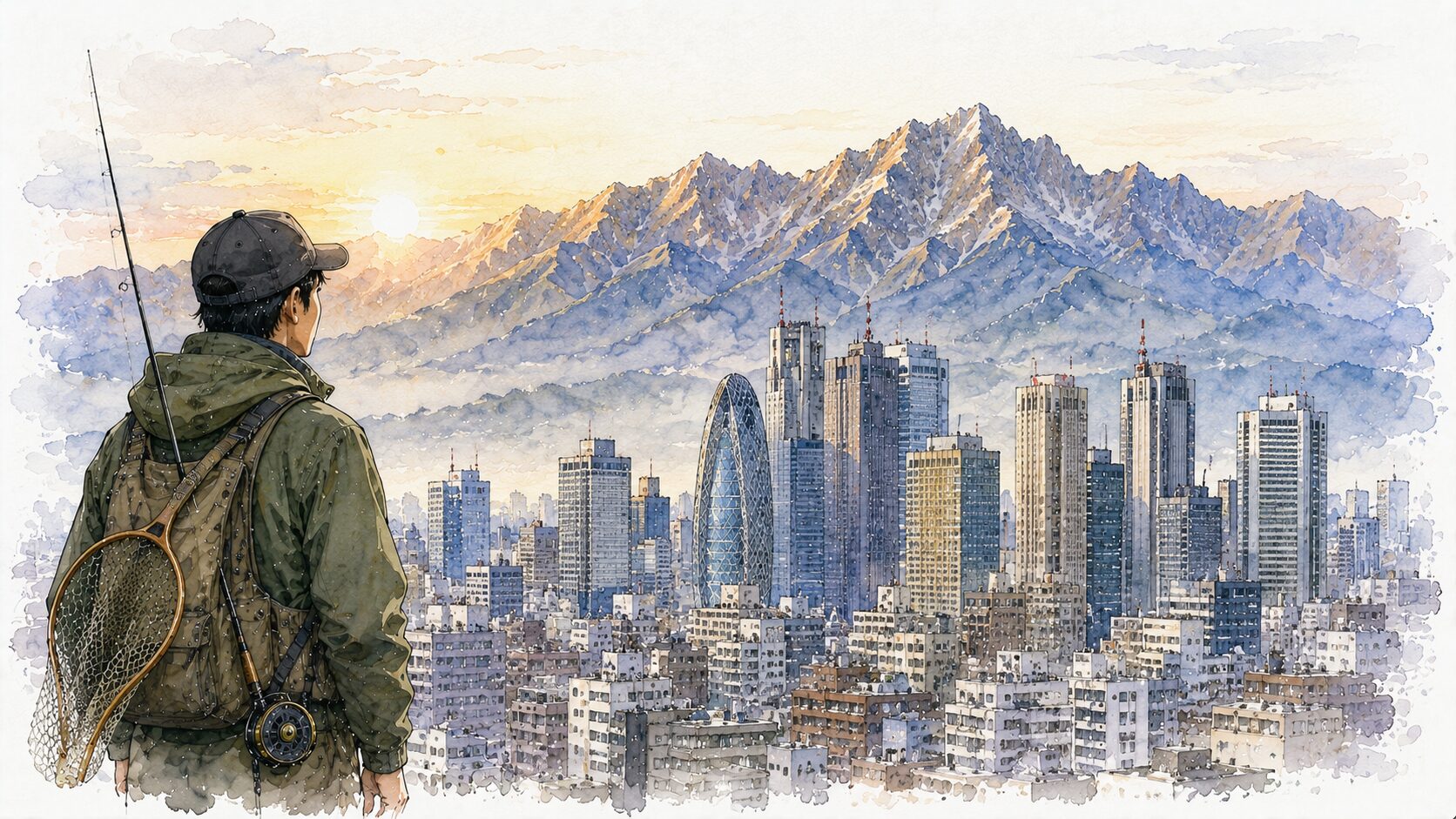 東京のビル群を背に、遠くの山並みを見つめるアングラーのイラスト
