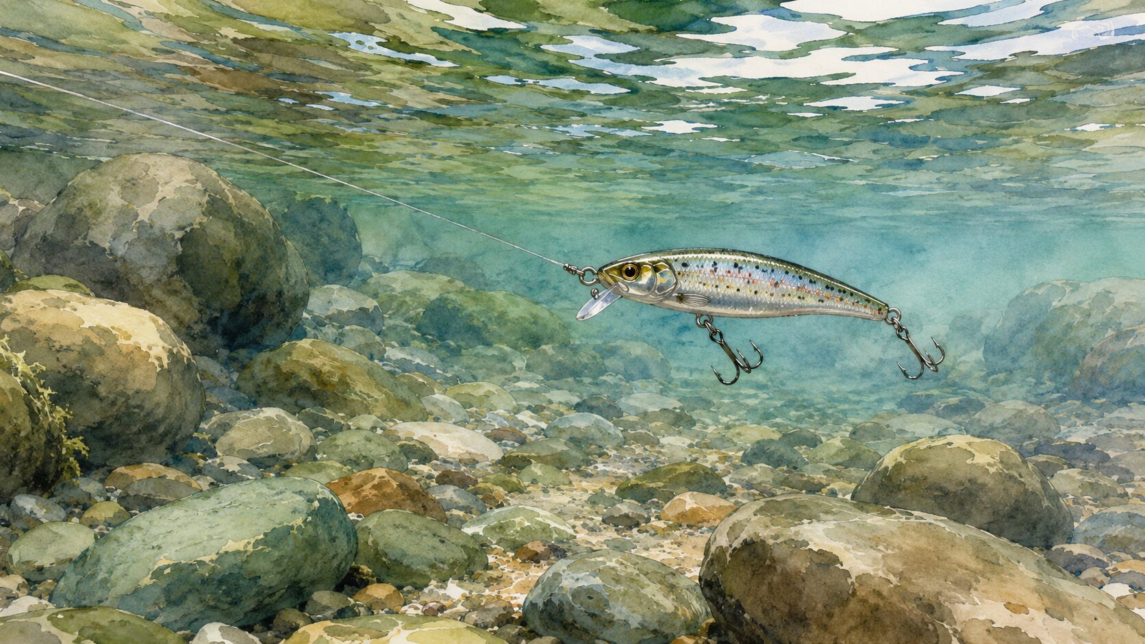 透明度の高い渓流の水中を泳ぐミノーと、それに繋がる透明なリーダーの様子