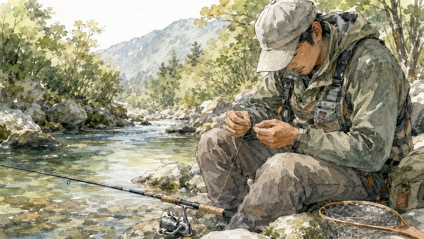 PEラインとリーダーの結び目（ノット）を綺麗に締め込んでいる手元のマクロ写真