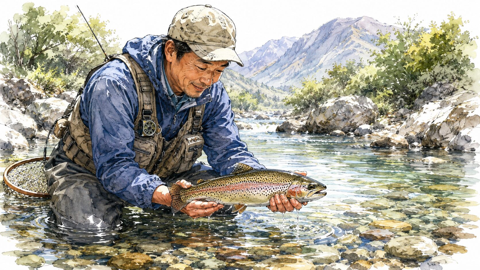 ネットの中の魚を優しく見つめるアングラー