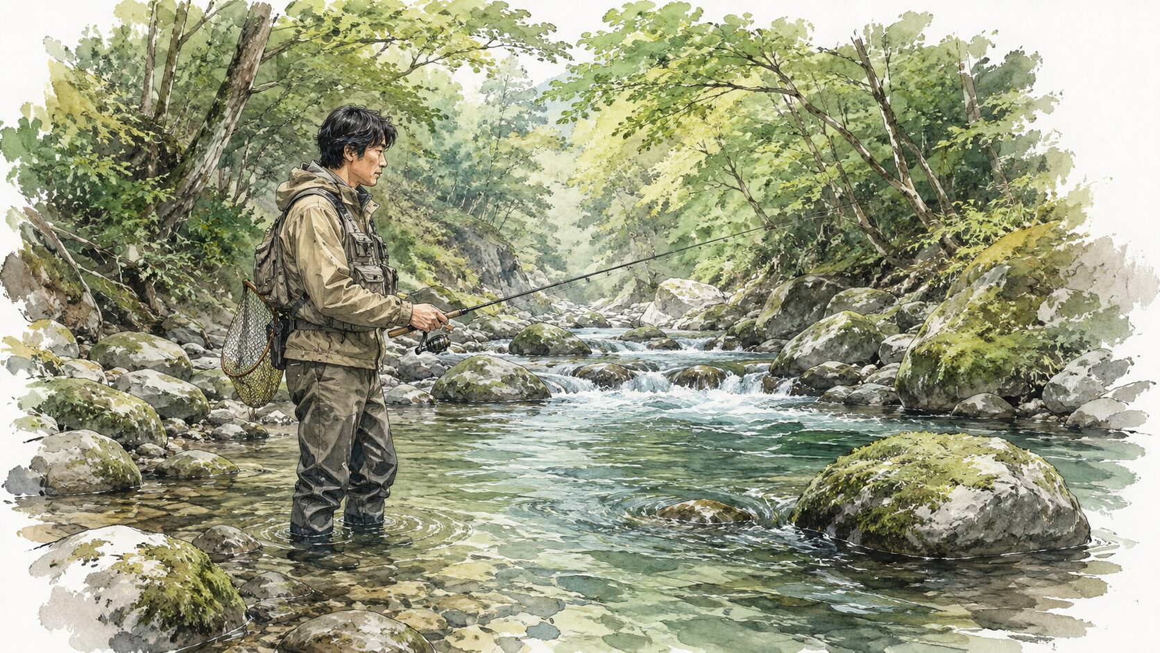 自然に溶け込んで釣りを楽しむアングラー
