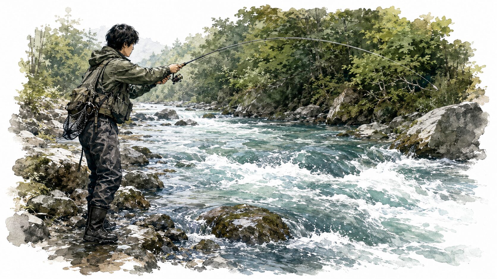 少し増水した流れにルアーを打ち込むアングラー