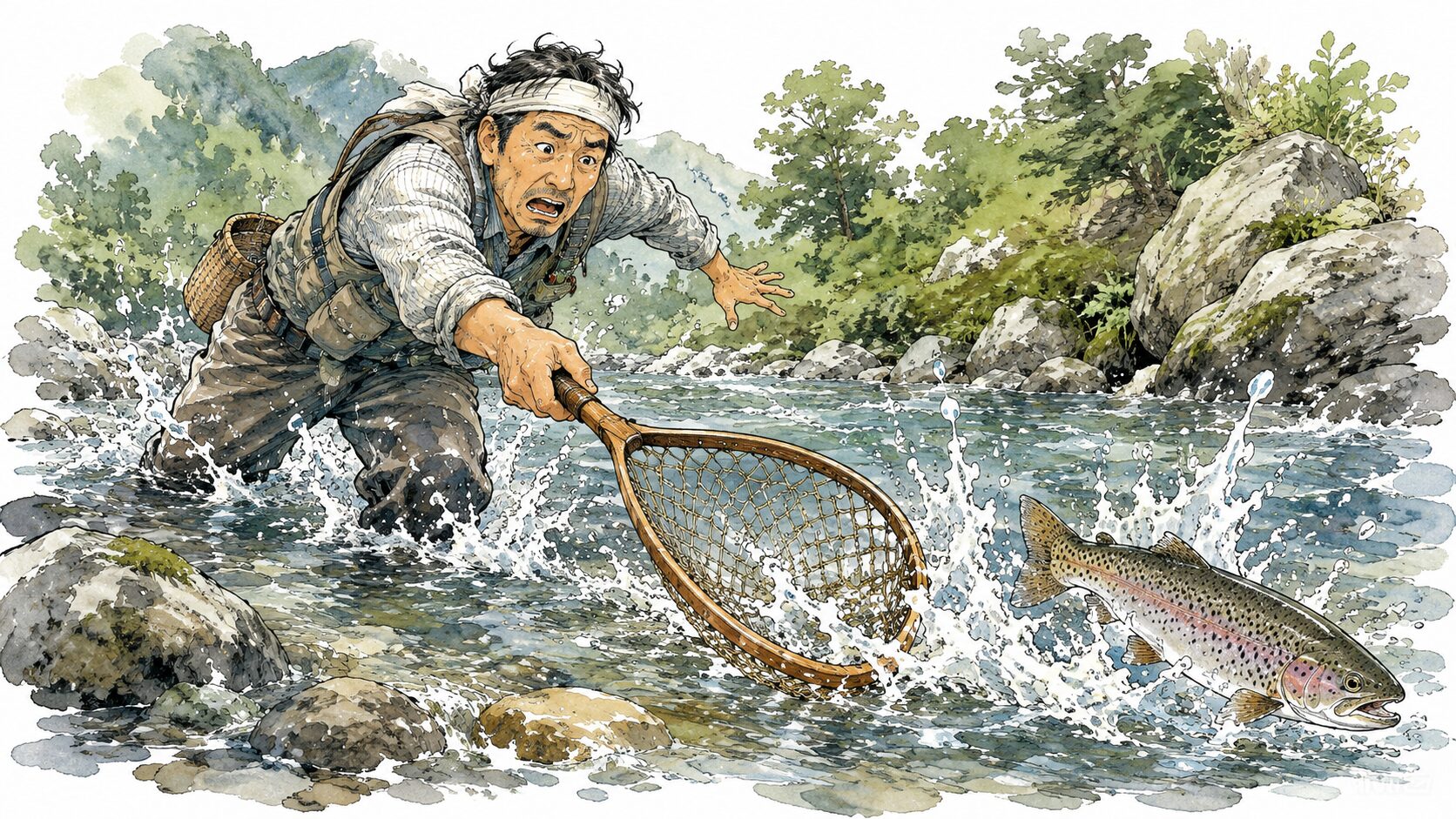 ネットで魚を追いかけてしまうNGシーン