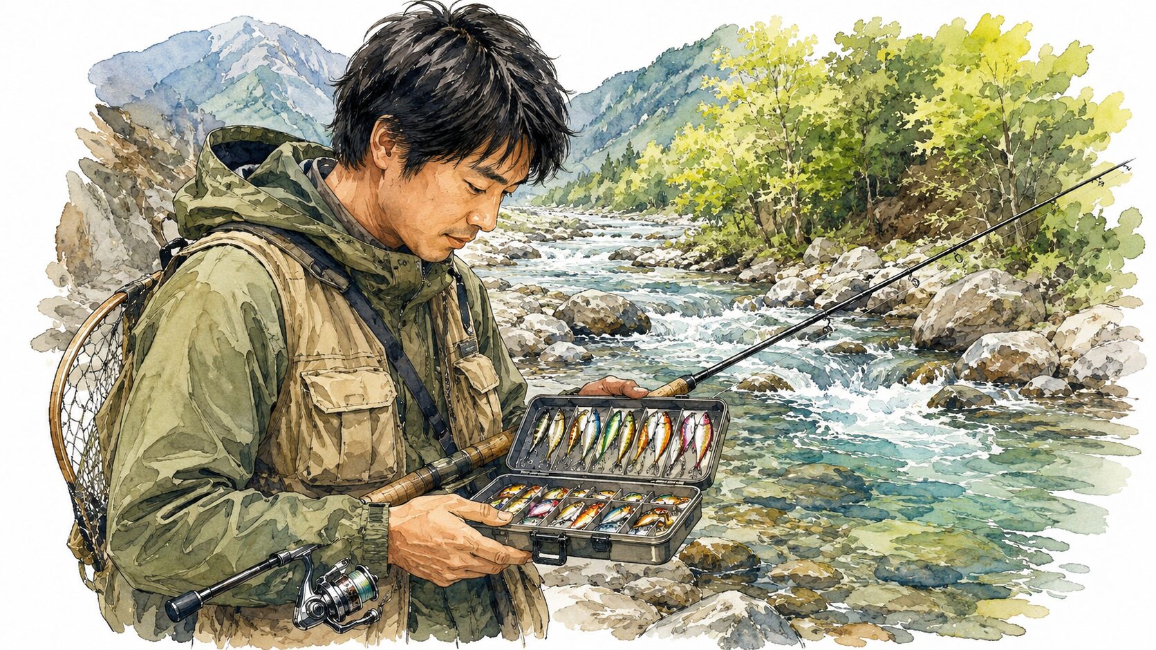 ルアーケースを見て悩むアングラー