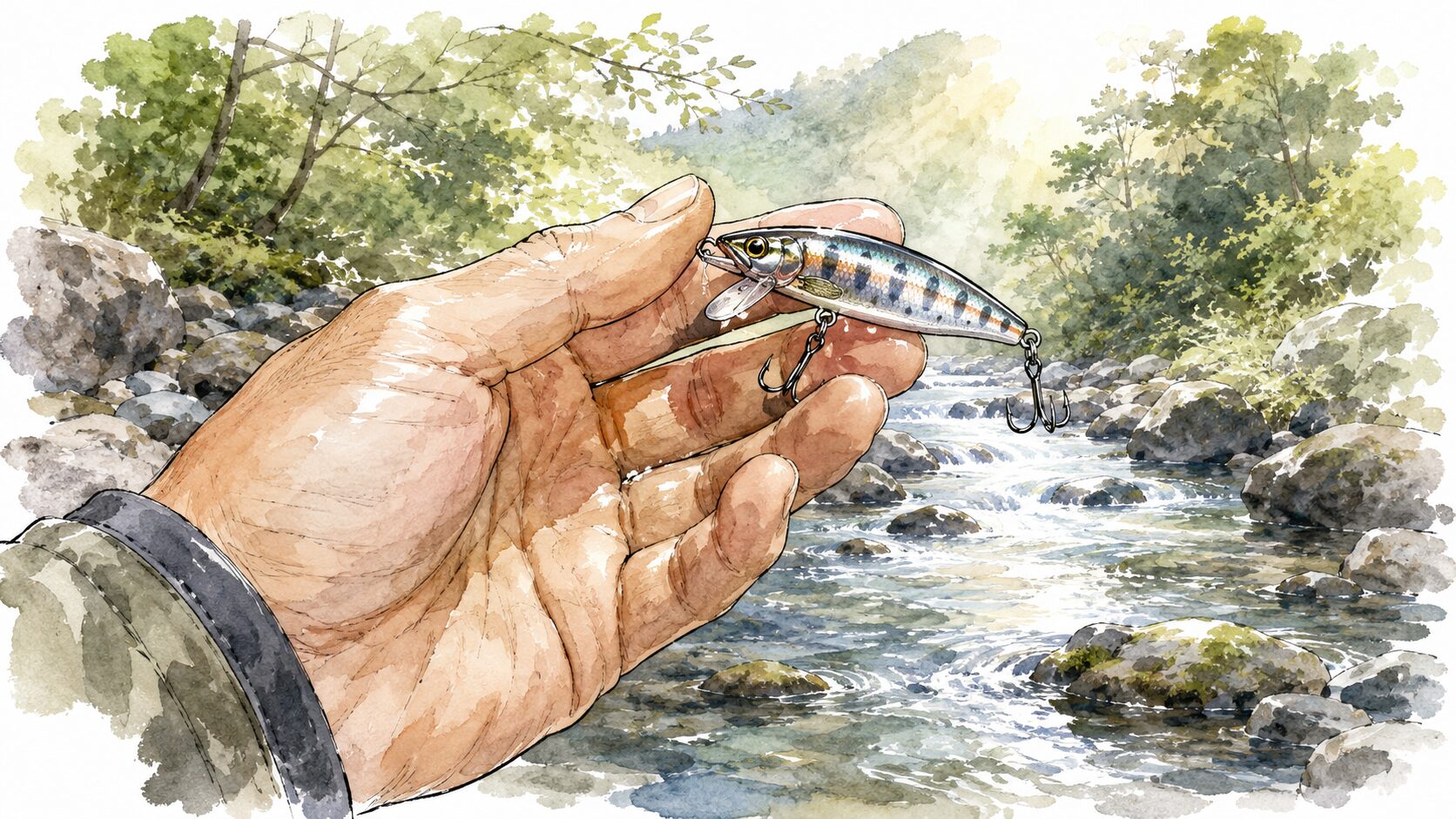 静かな朝の川で、ミノーを手に持ちながら川を眺める