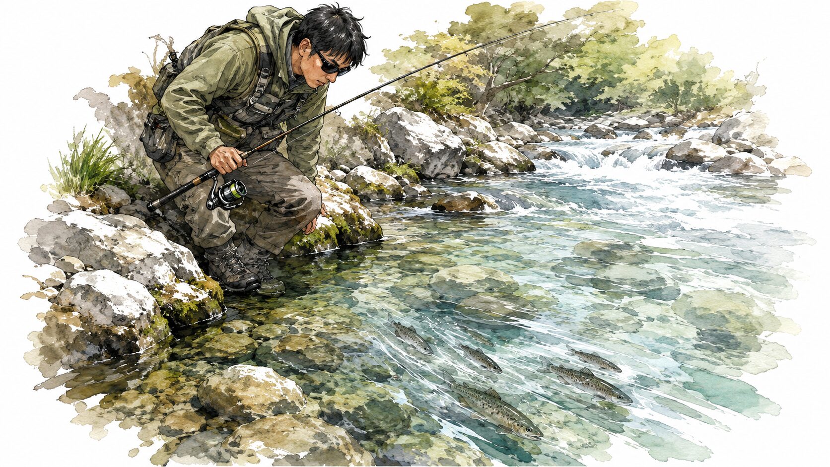 川を覗き込んで魚が走る瞬間