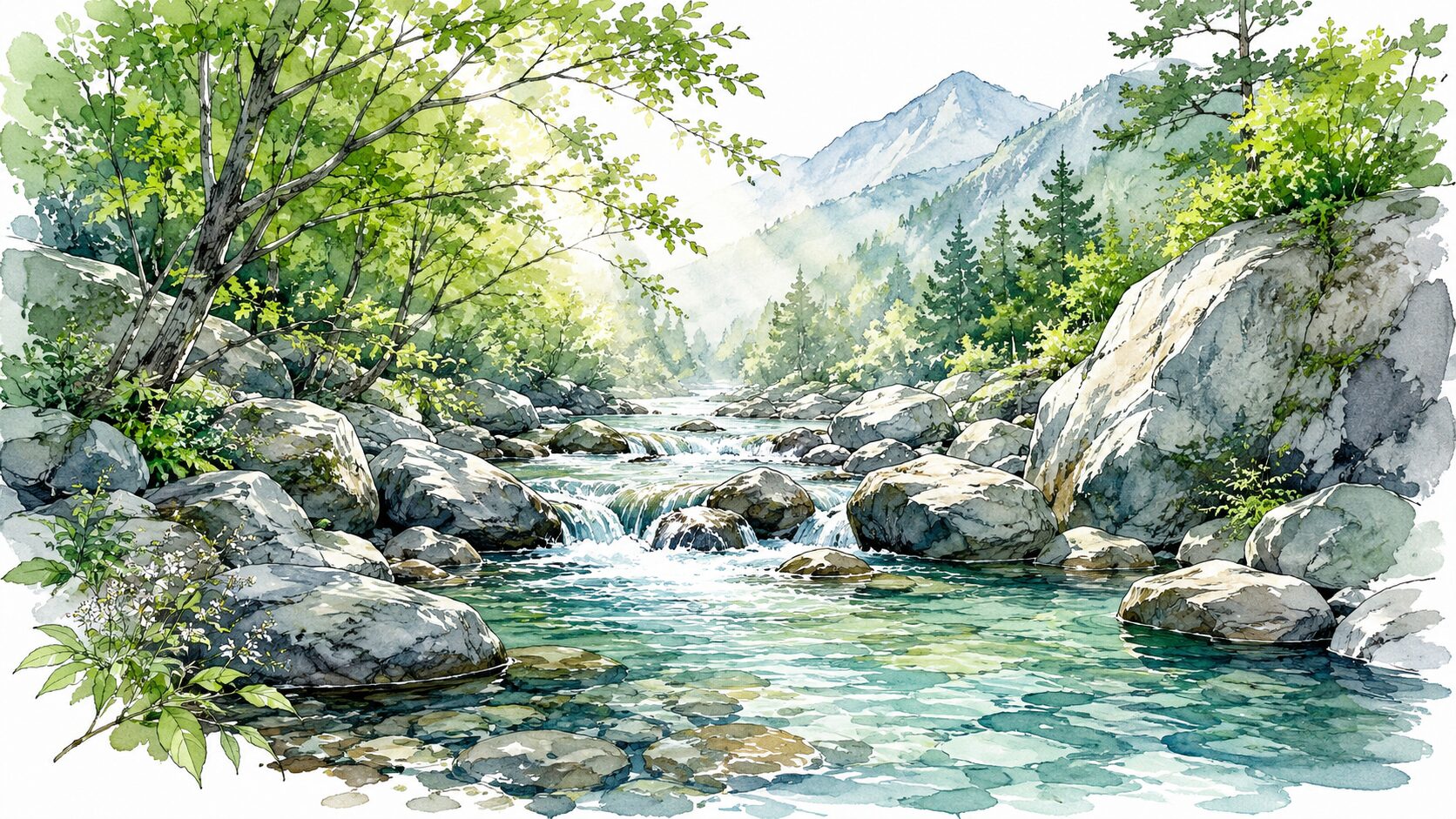 朝の澄んだ渓流風景