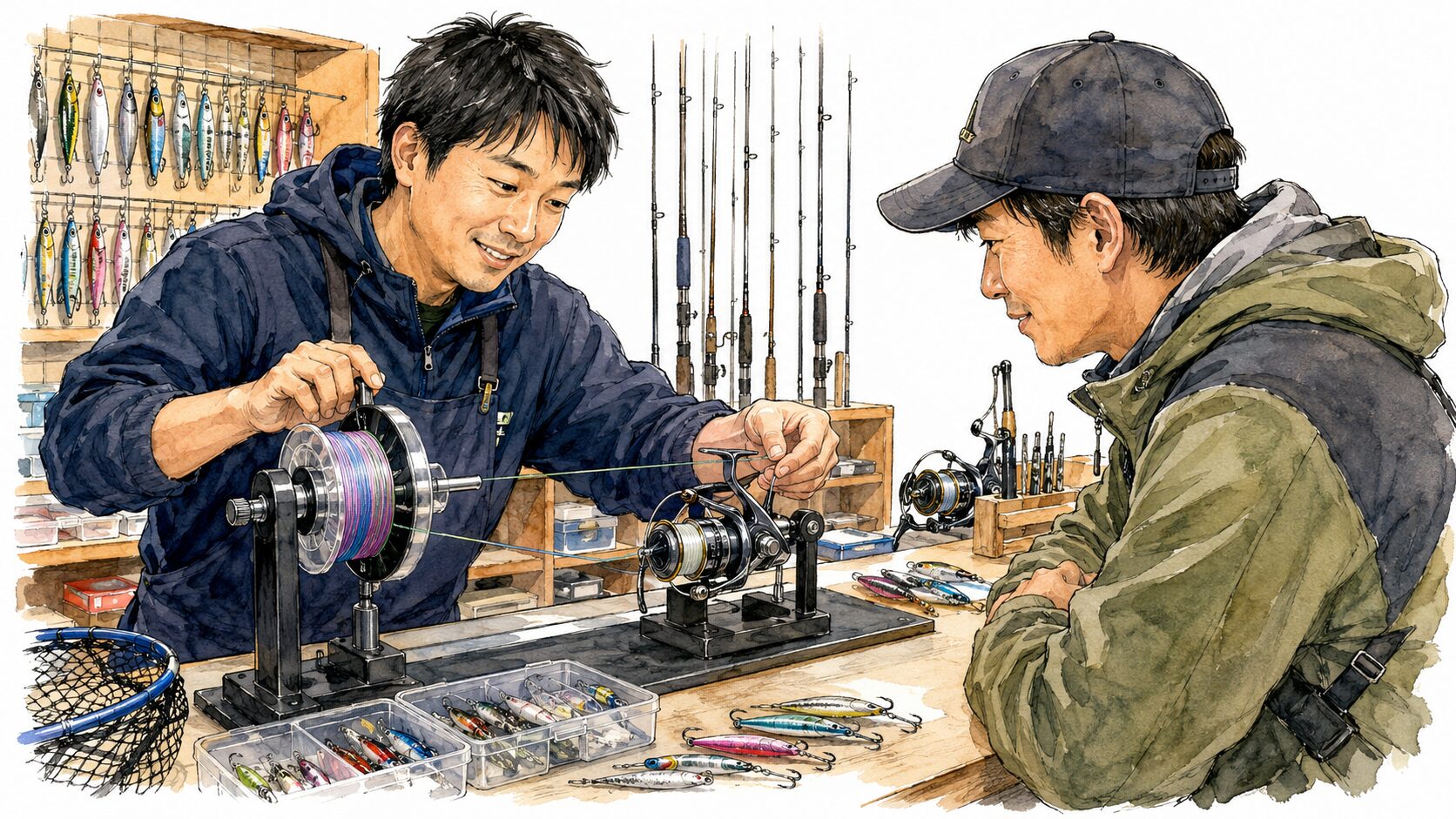 釣具店のカウンターでラインを巻いてもらうイメージ