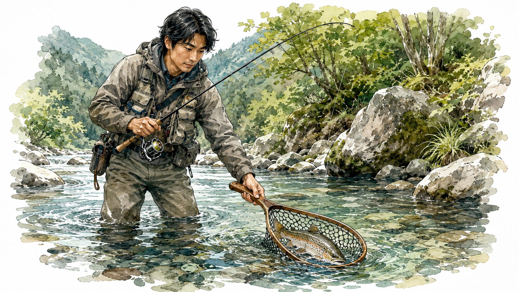 頭からネットへ魚を誘導するシーン