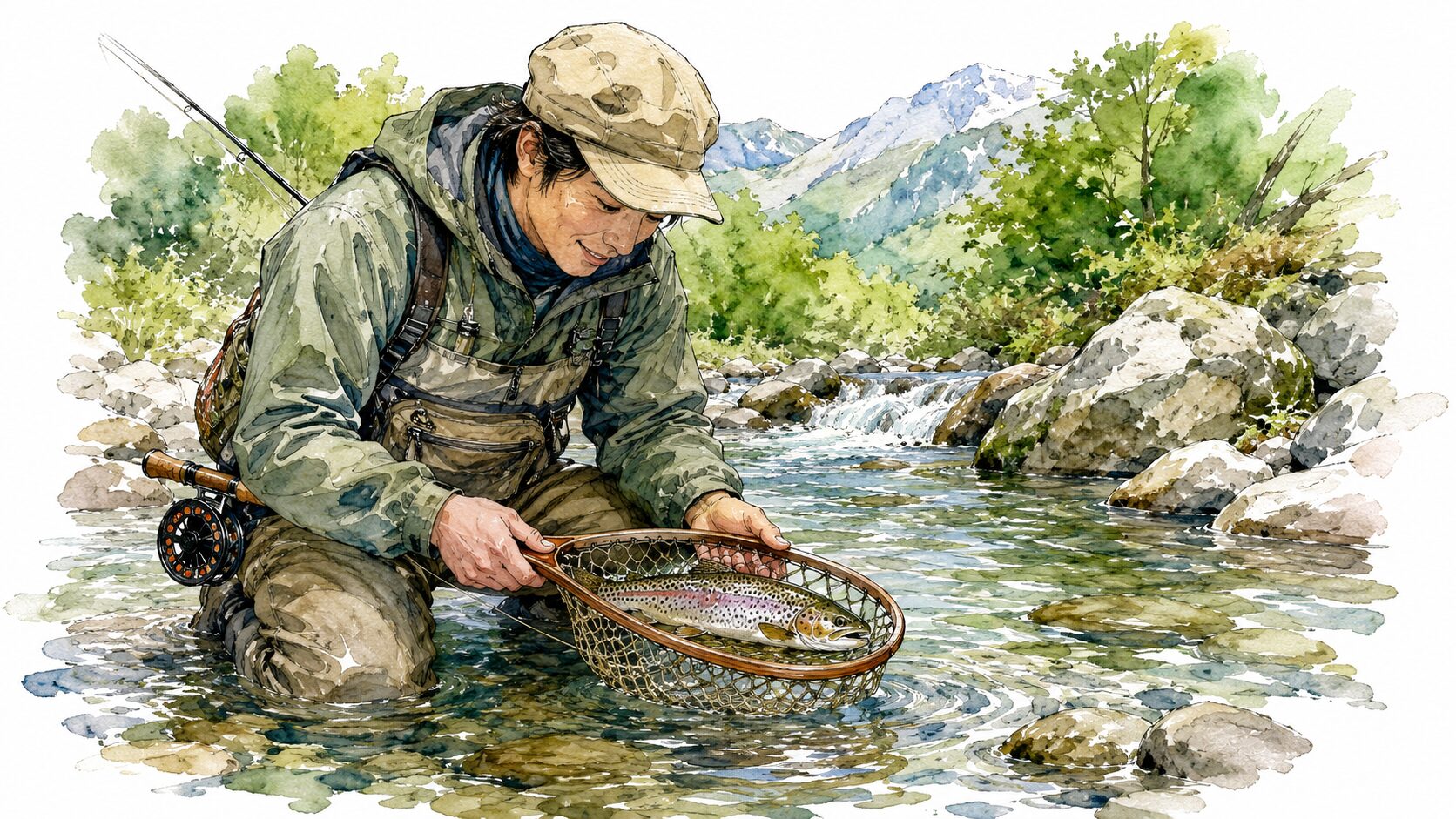 渓流で魚を見つめるアングラー