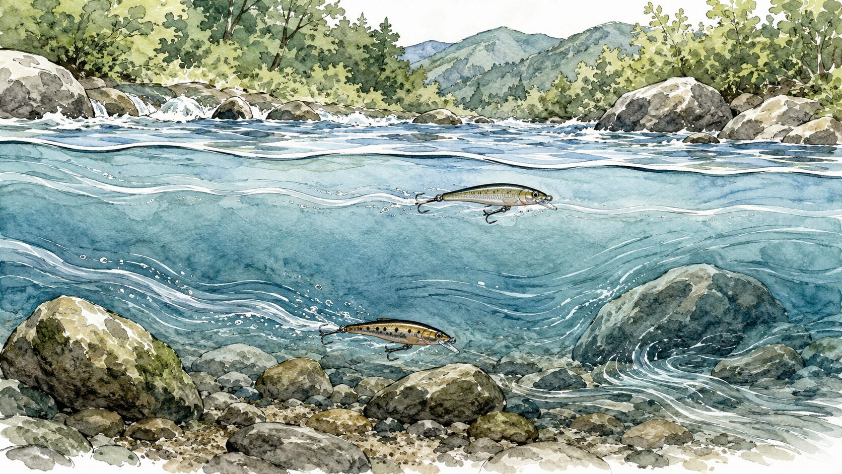 水中を浅く流れるルアーと深く沈むルアーの軌跡比較