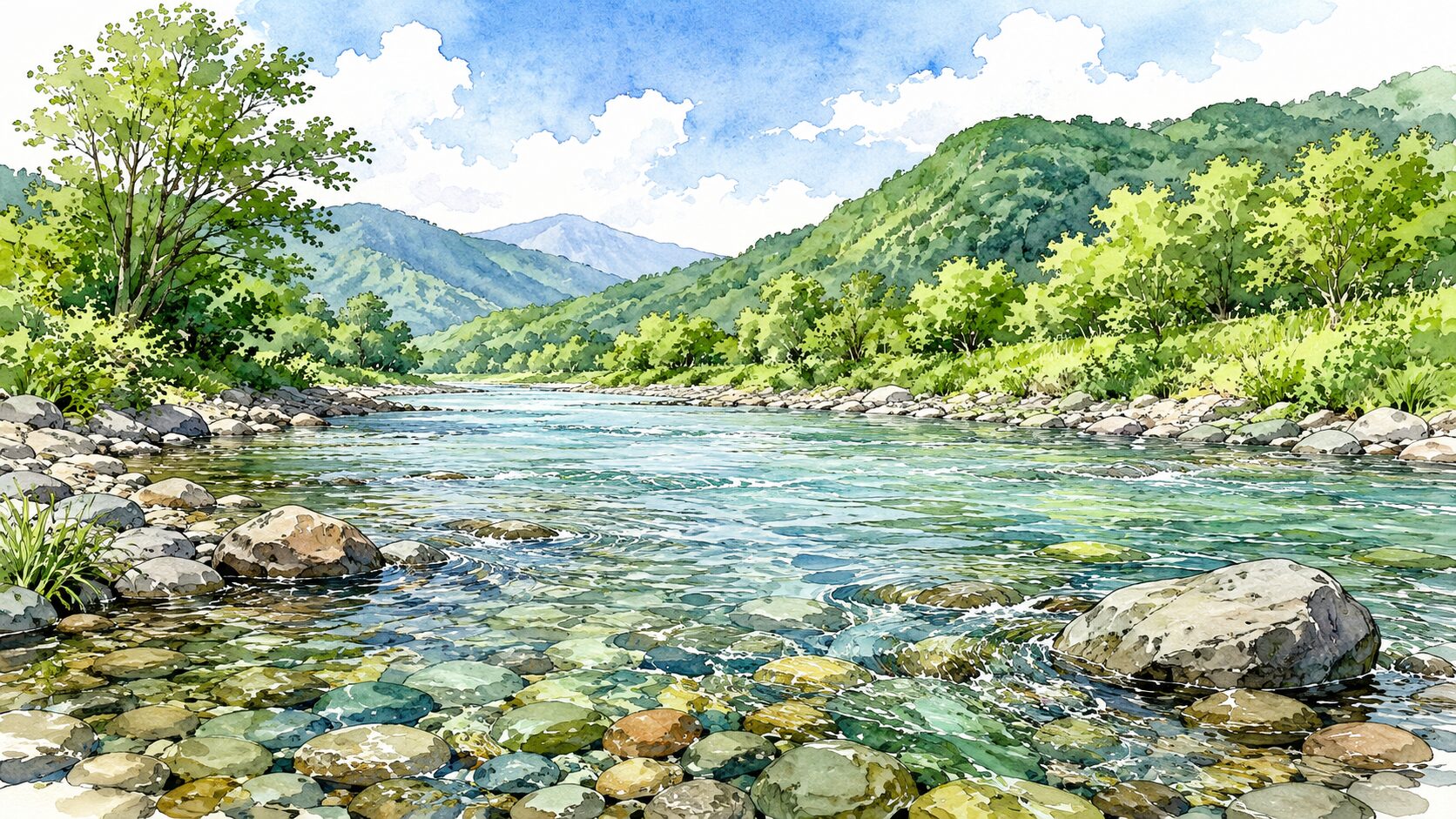 ヤマメが好む開けた中流域の川相
