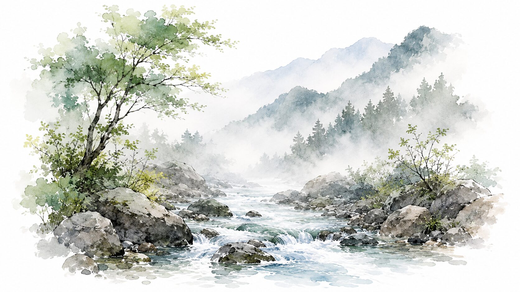 朝霧の残る静かな渓流風景