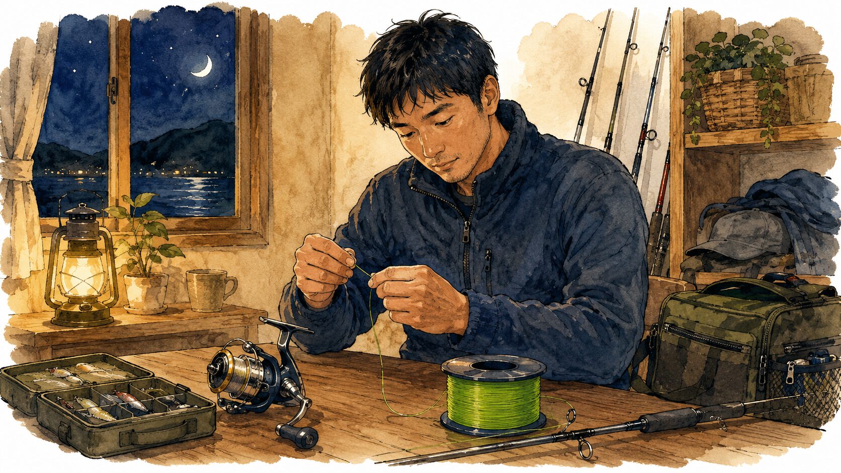 釣行前夜の静かな部屋でラインを準備する様子