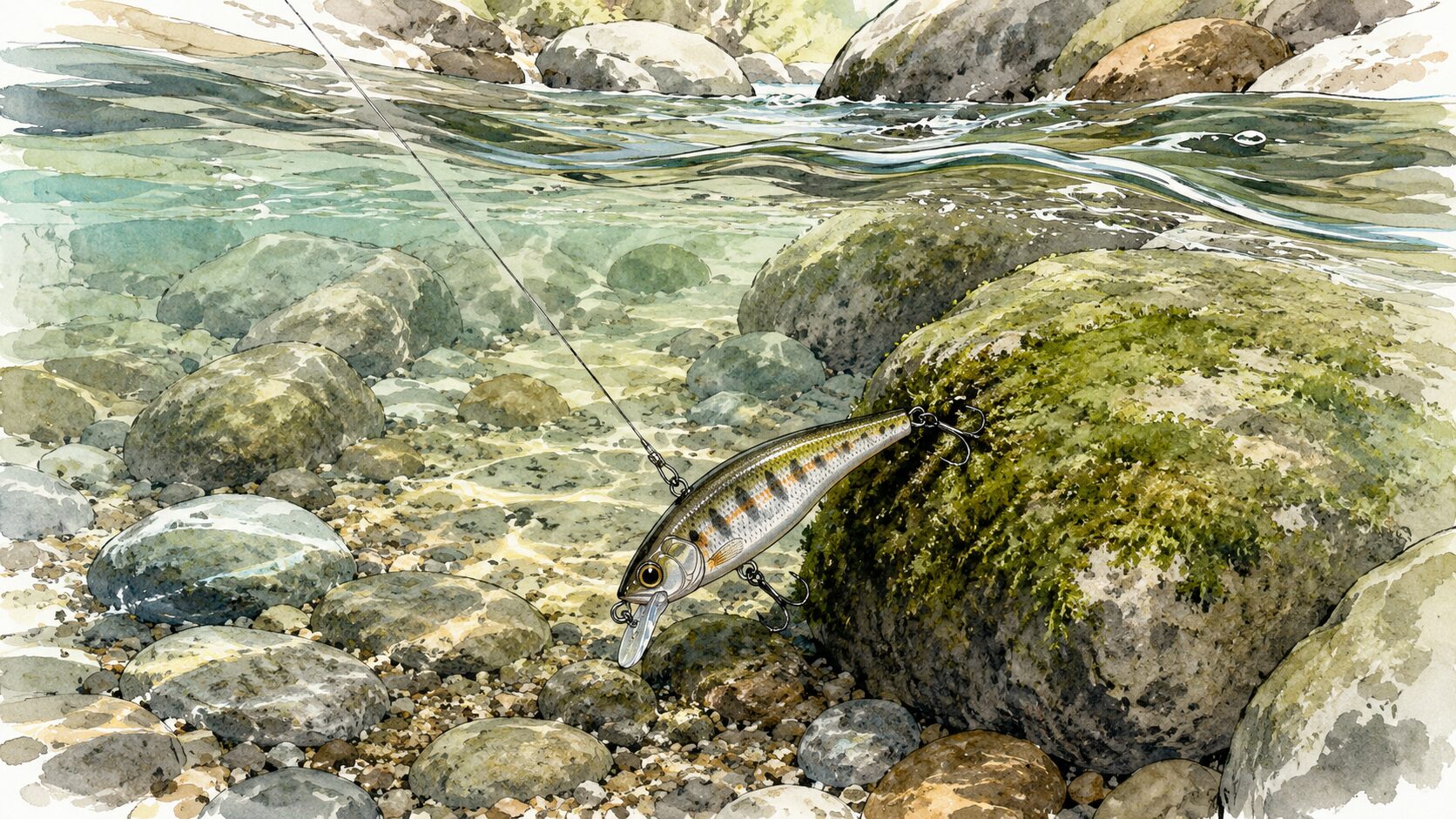 浅瀬でルアーが石に引っかかっているシーン