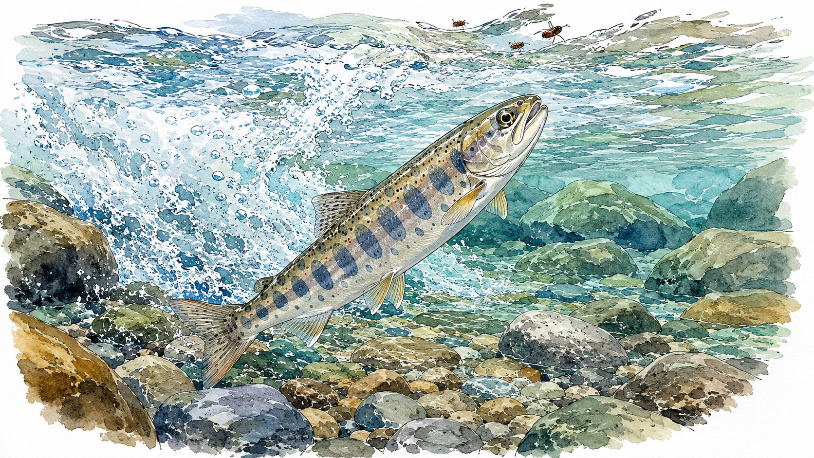 流芯の白波の側を泳ぐヤマメ