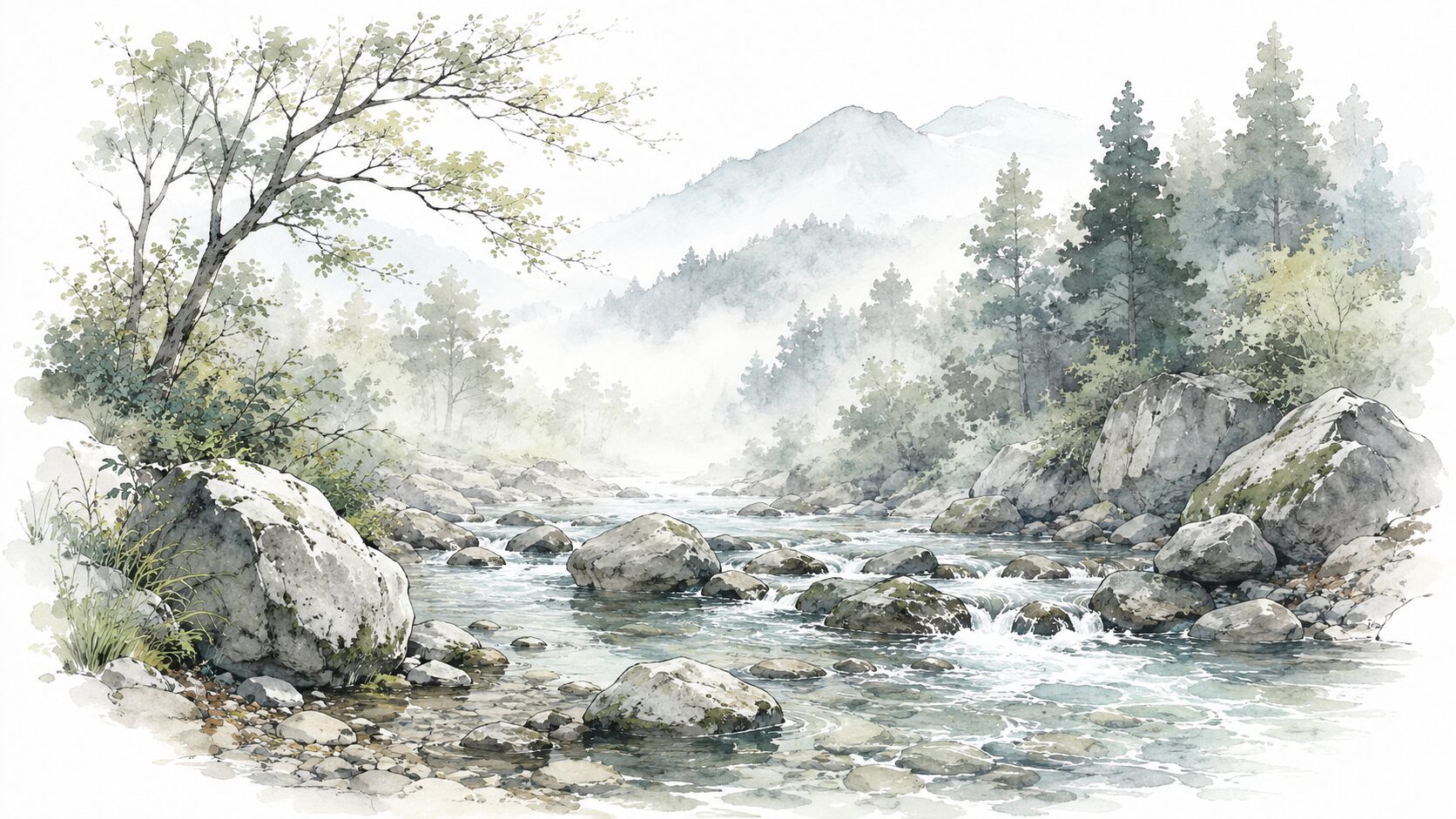 朝霧が残る静かな渓流風景