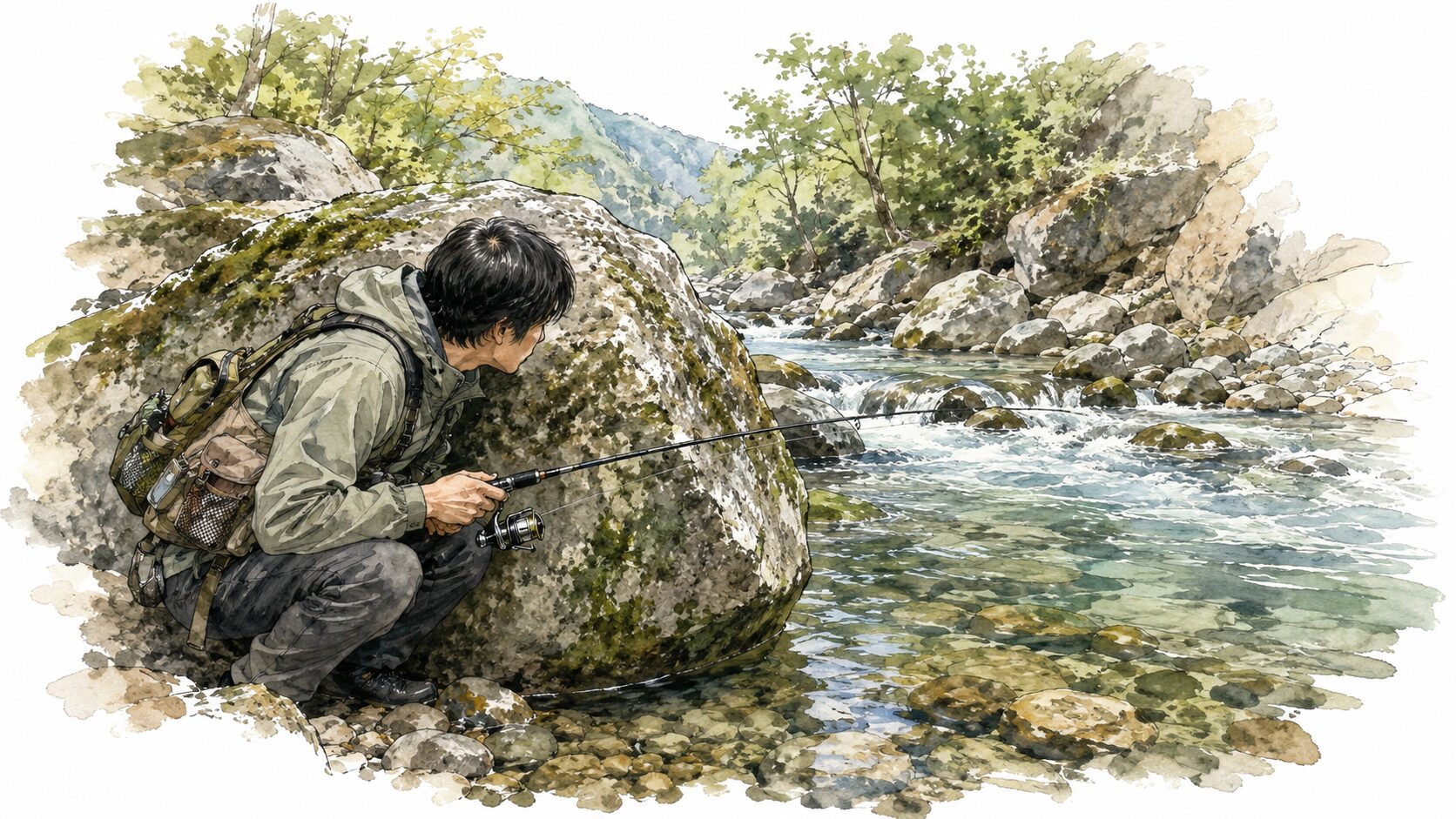 岩陰から川を見るシーン