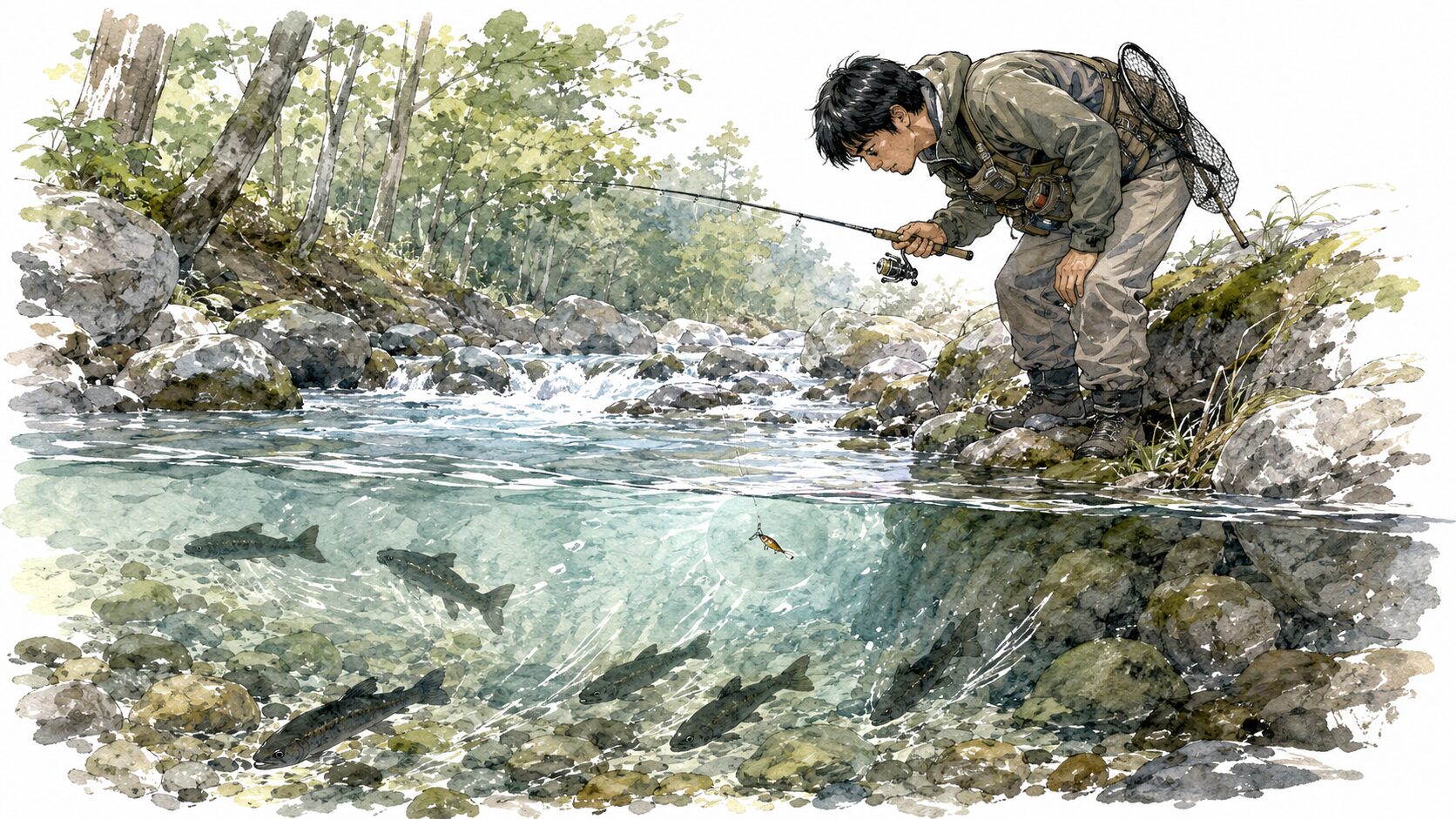 川を覗き込んで魚を逃がしてしまうイメージ