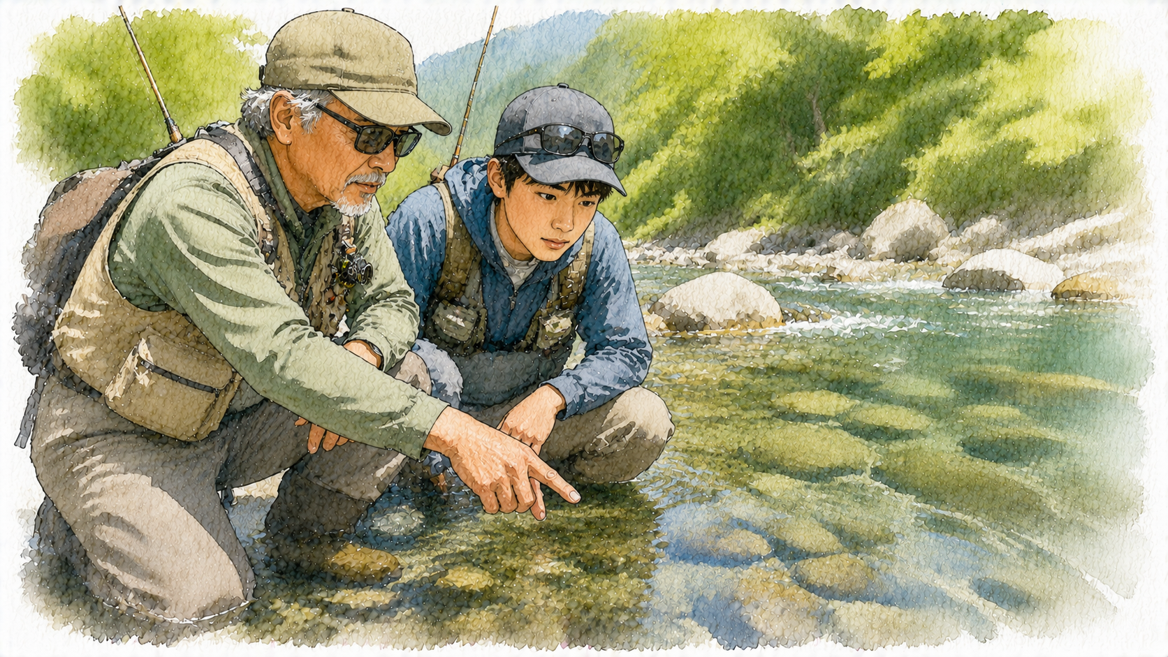 ユウが遊山メンバーに川の状況を解説する様子