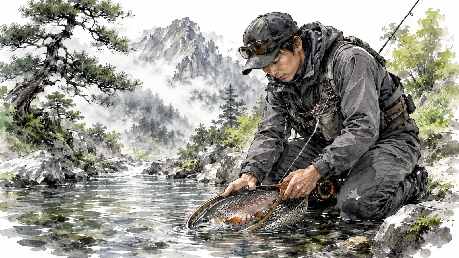 渓流魚を優しくリリースするアングラー
