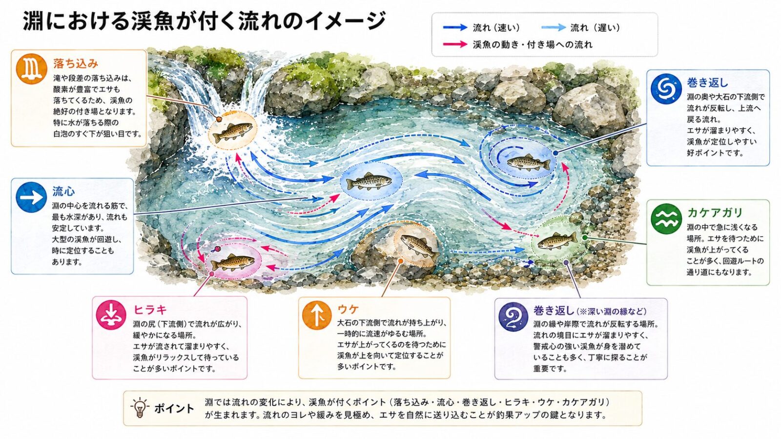 淵における渓魚が付く流れのイメージ