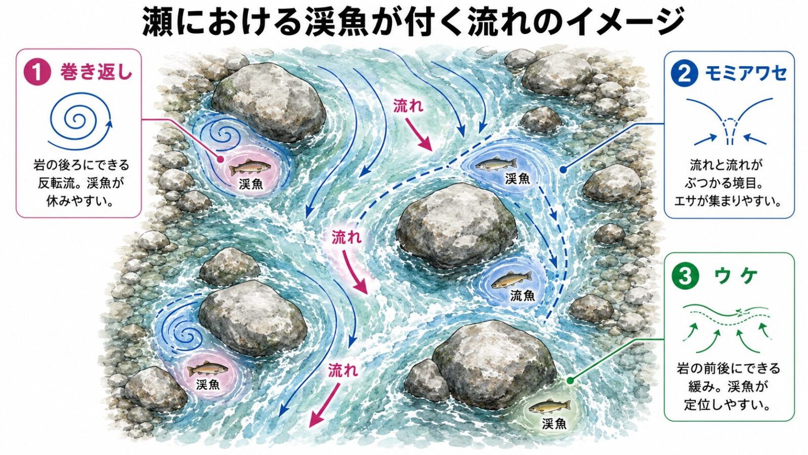 瀬における渓魚が付く流れのイメージ