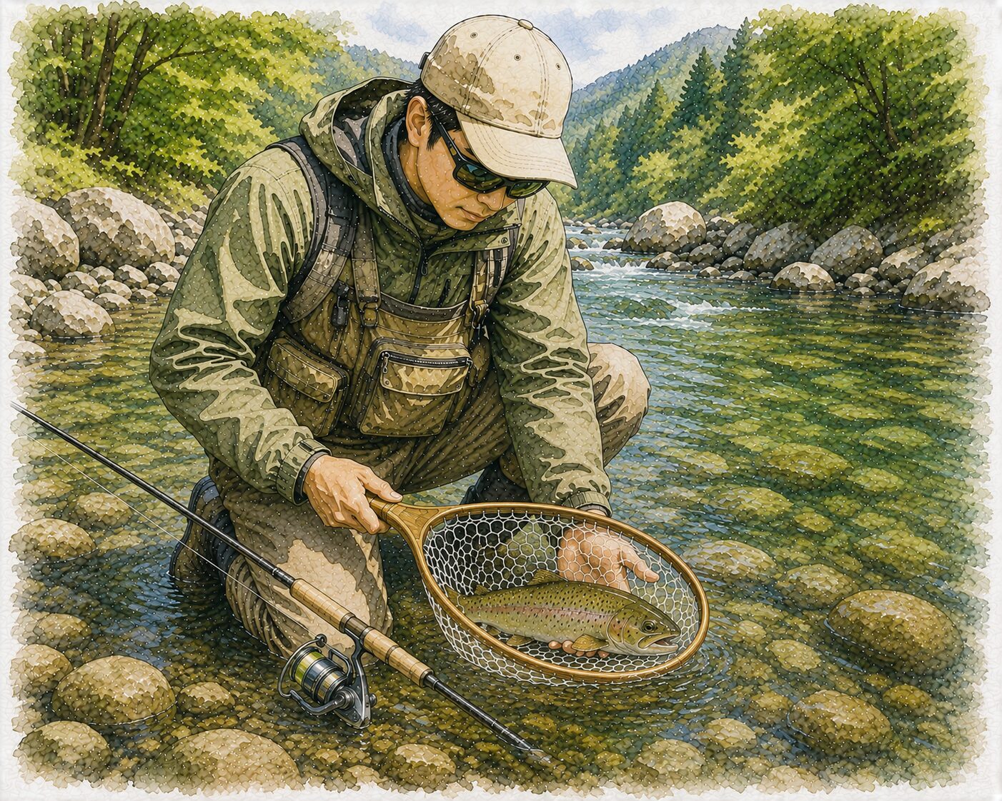初めての渓流魚をランディングする様子