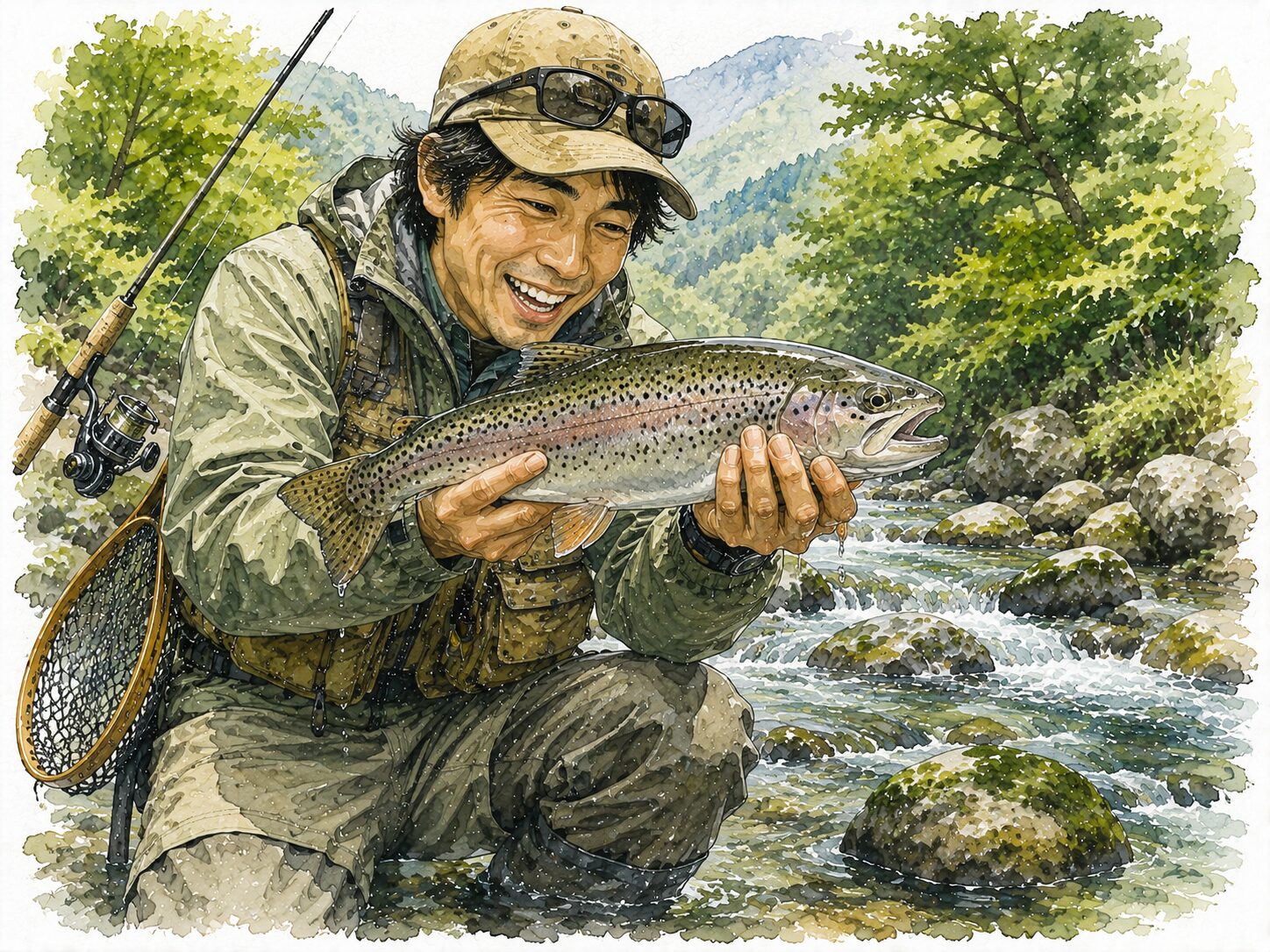 魚を手にしたアングラー