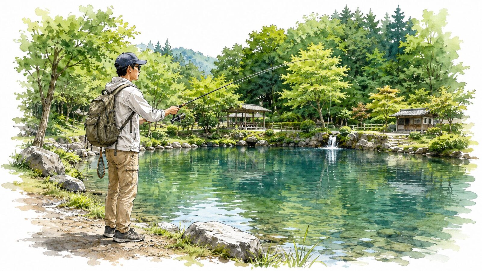 自然豊かな管理釣り場で釣りをするアングラー