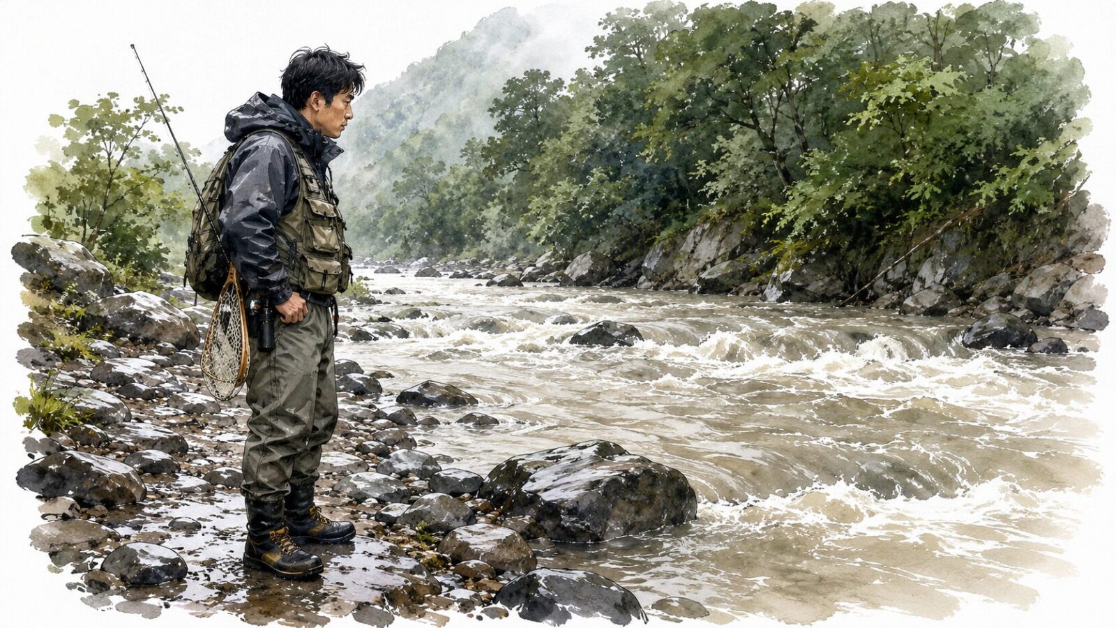 雨上がりの渓流を見るアングラー