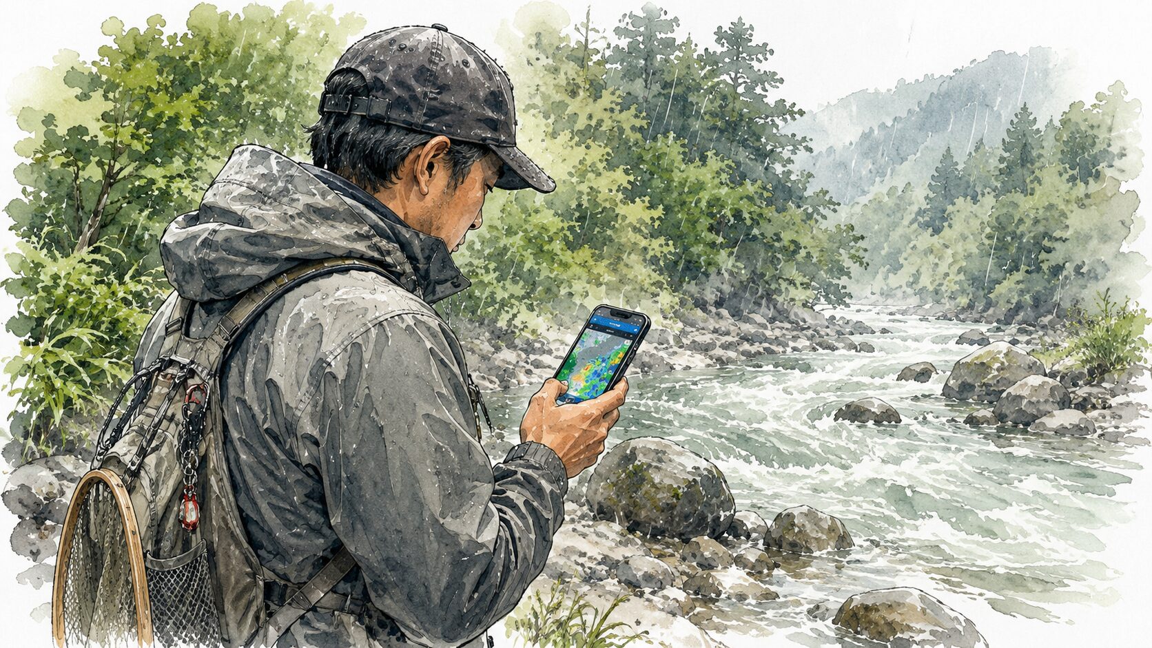 スマホで雨雲レーダーを確認するアングラー