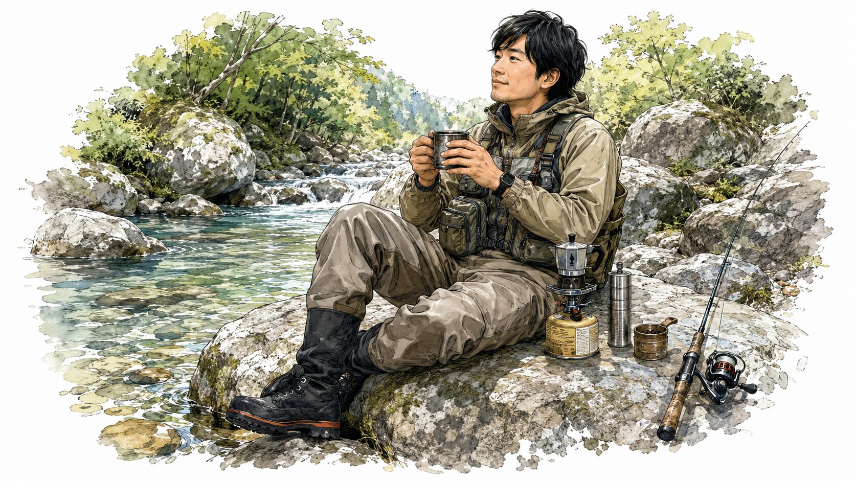 川辺でコーヒーを飲むアングラー