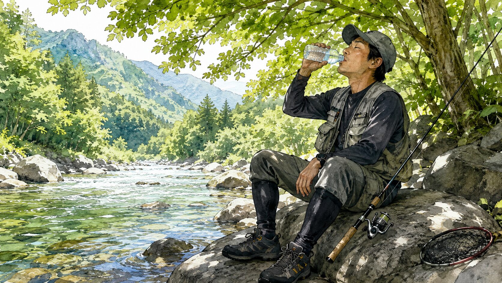 川辺で水分補給をするアングラー
