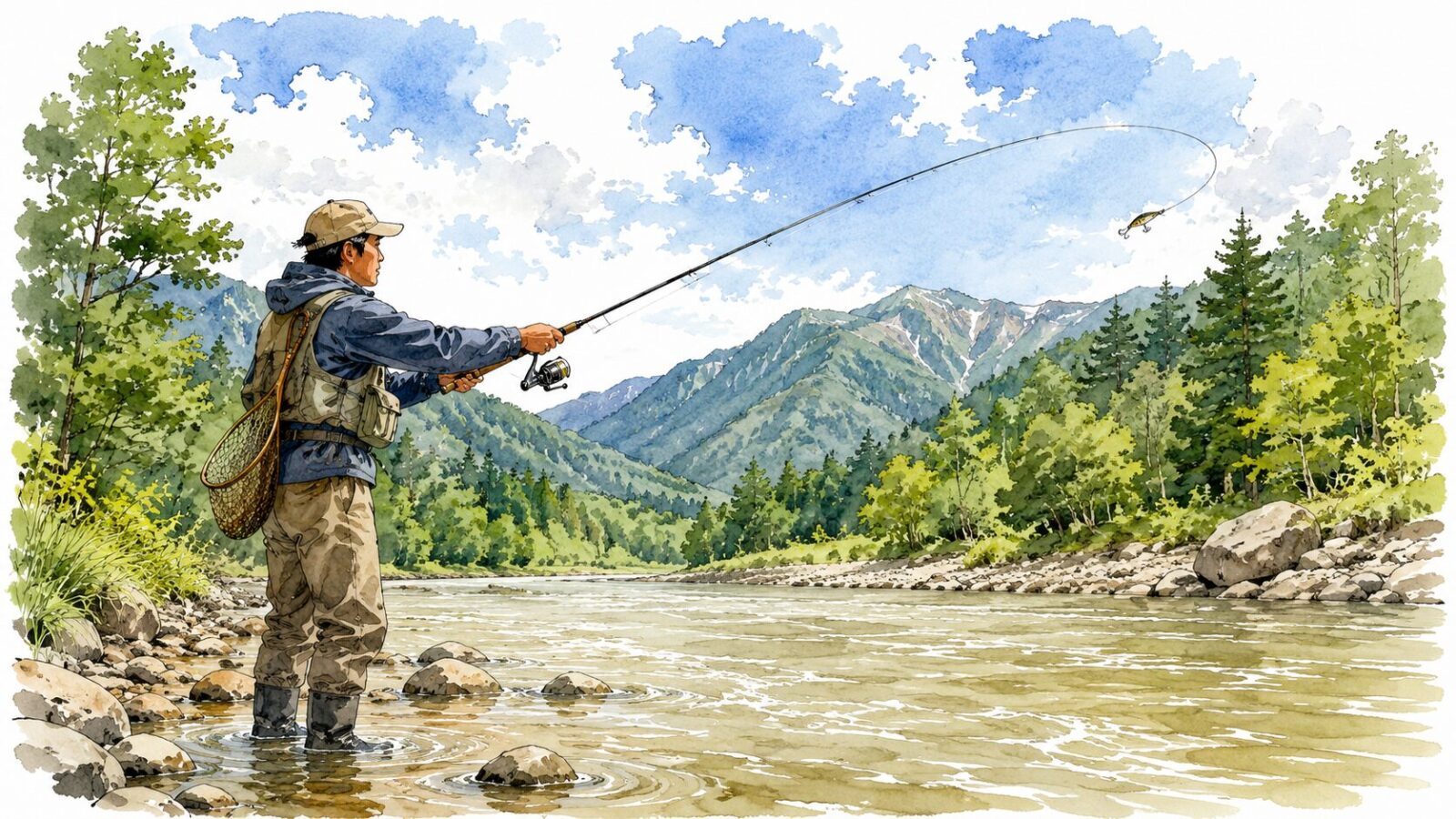 安全な川原で釣りを楽しむアングラー
