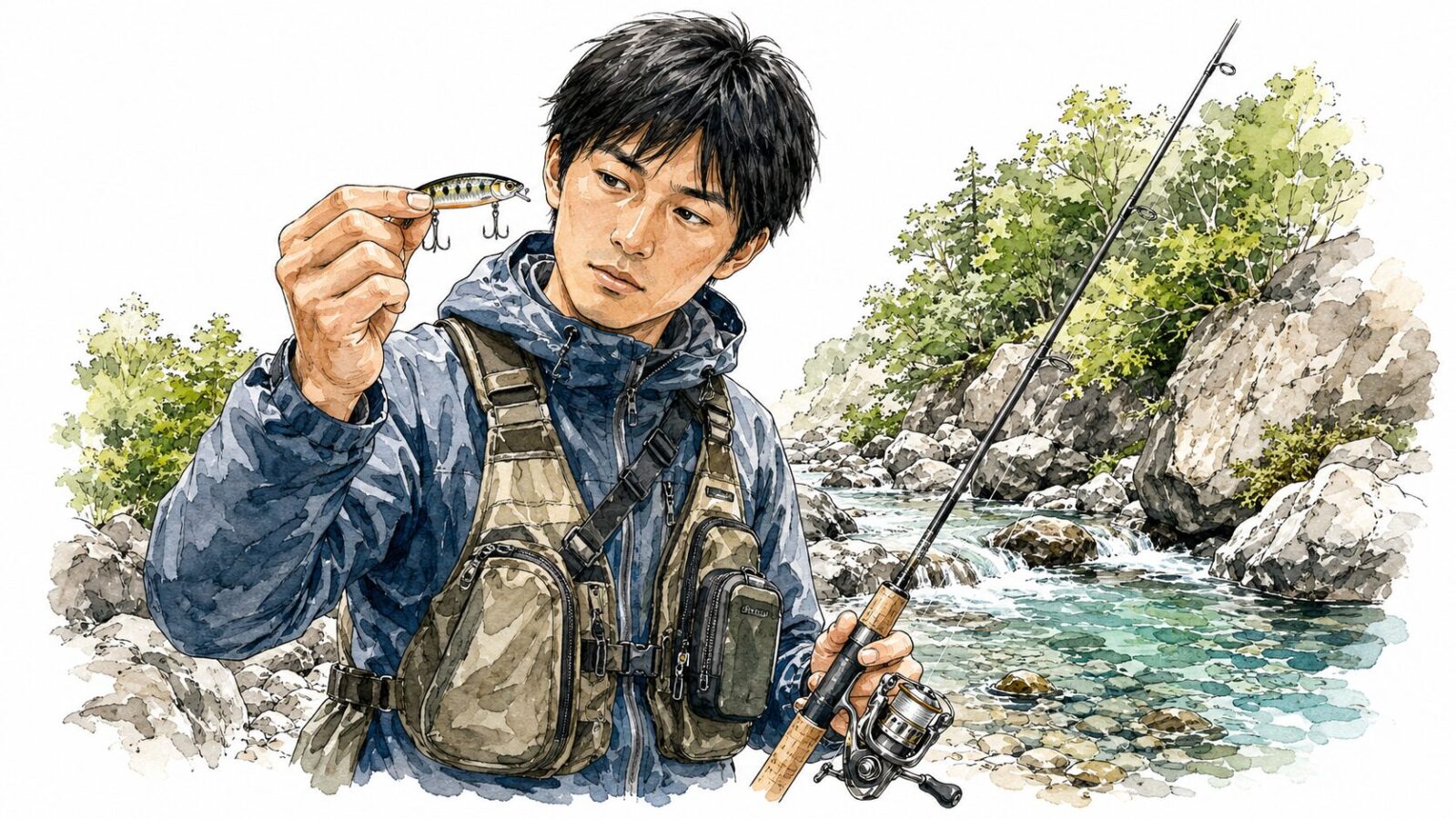 川辺でルアーの針を見るアングラー