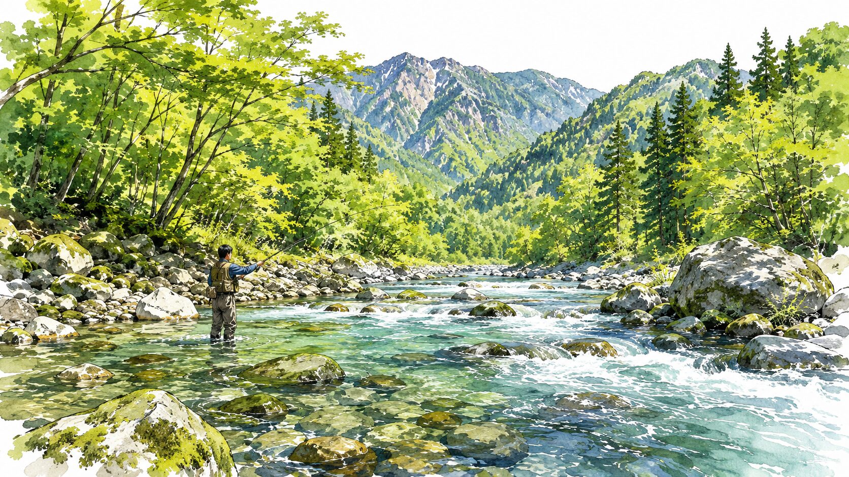 美しい渓流で釣り上がるアングラー