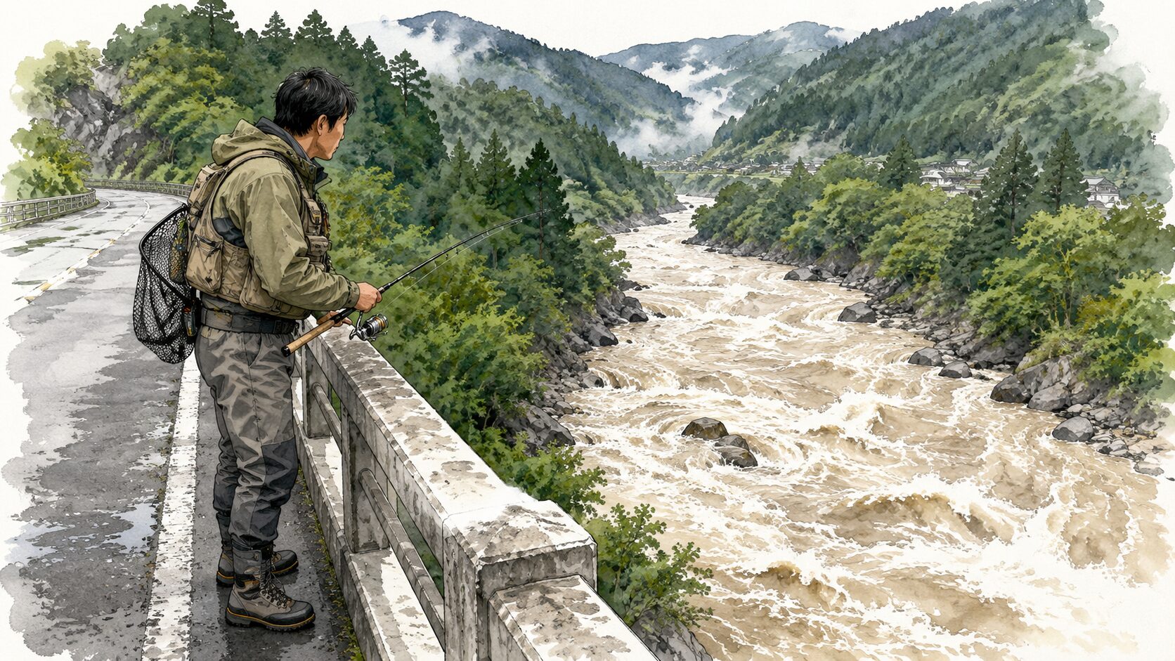 安全な位置から川を観察するアングラー