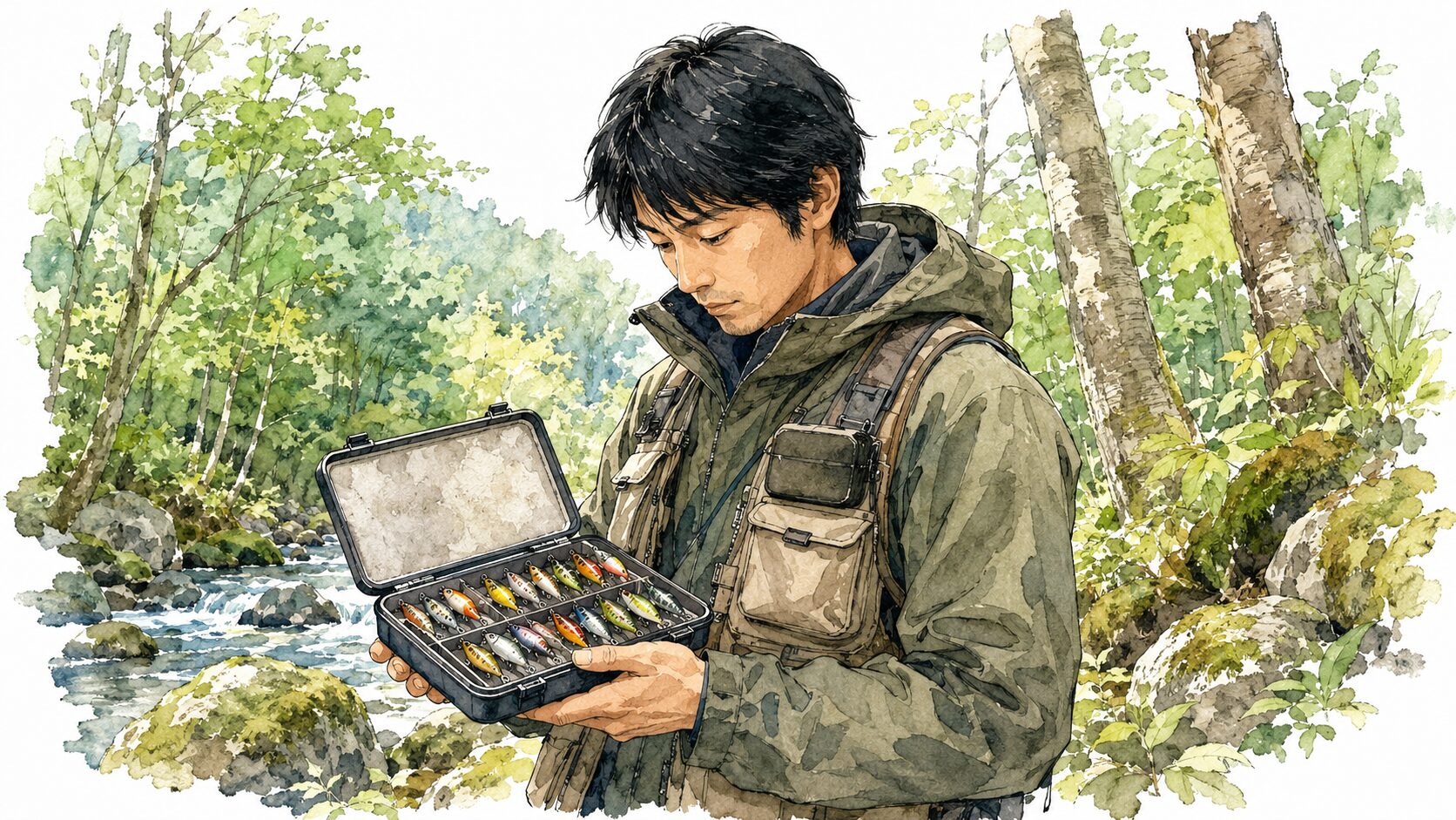 ルアーボックスを開けるアングラー