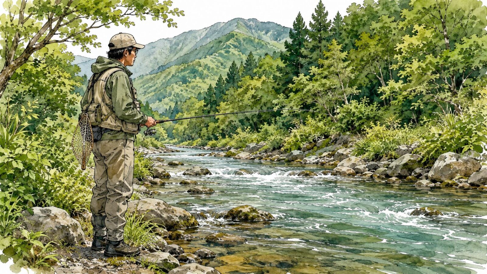 渓流で静かにポイントを見つめるアングラー