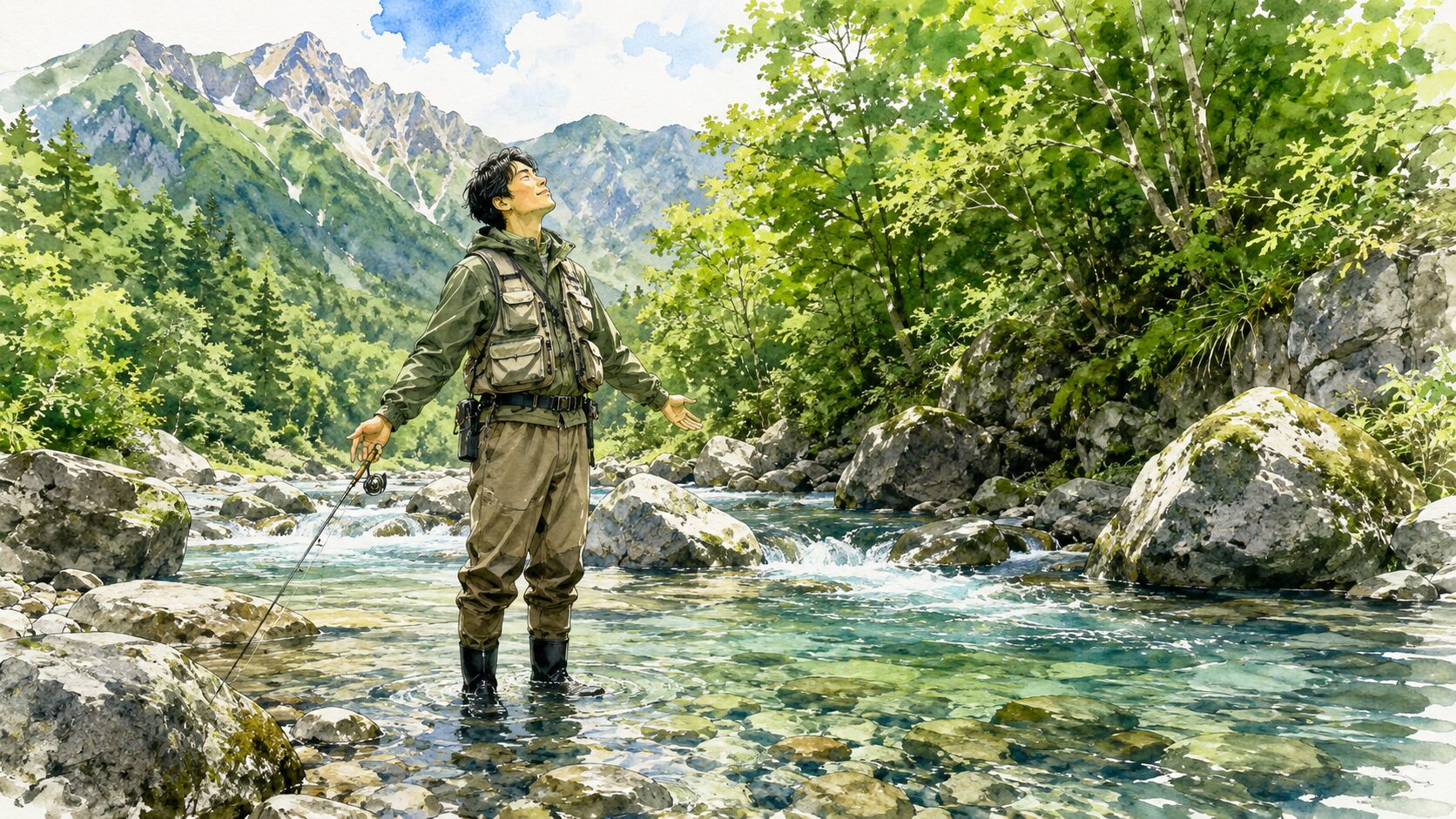 渓流で深呼吸するアングラー