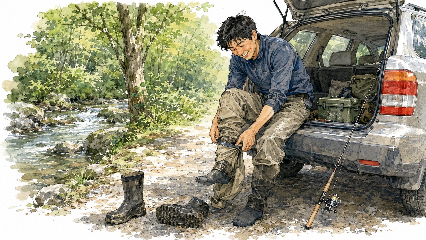 車へ戻りウェーダーを脱ぐシーン