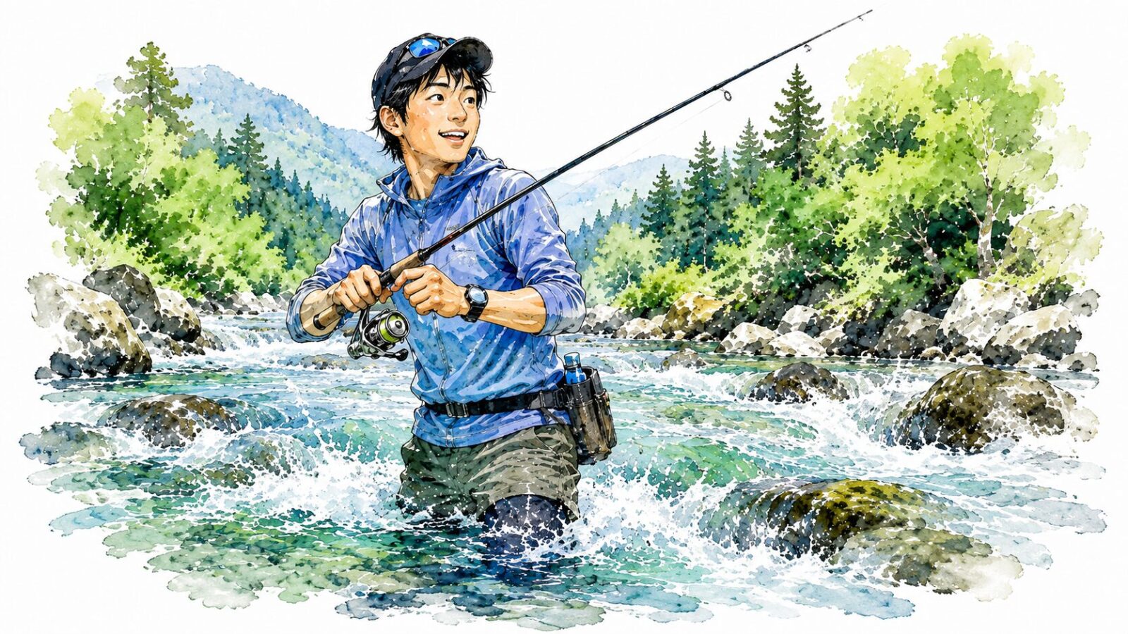 身軽に川を遡行するアングラー
