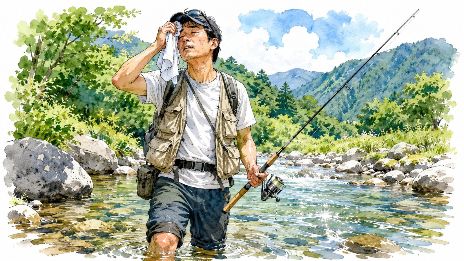 夏の渓流で暑そうに汗を拭うアングラー